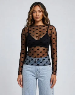 Zwarte Transparante Mesh Top met Hartjes en Lange Mouwen