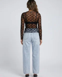 Zwarte Transparante Mesh Top met Hartjes en Lange Mouwen