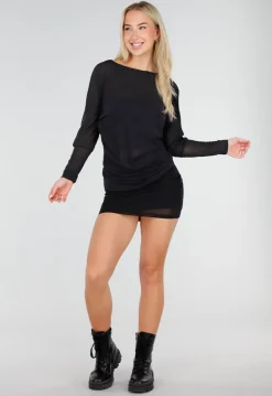 Zwarte Transparante Mesh Top met Lange Mouwen en Stretch