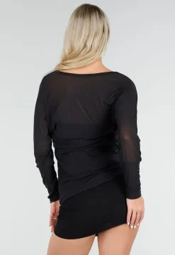 Zwarte Transparante Mesh Top met Lange Mouwen en Stretch