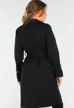 Zwarte Trenchcoat met Knoopsluiting en Gespjes