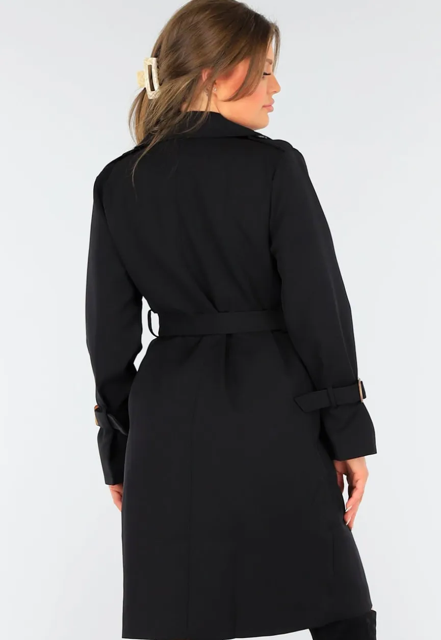 Zwarte Trenchcoat met Knoopsluiting en Gespjes
