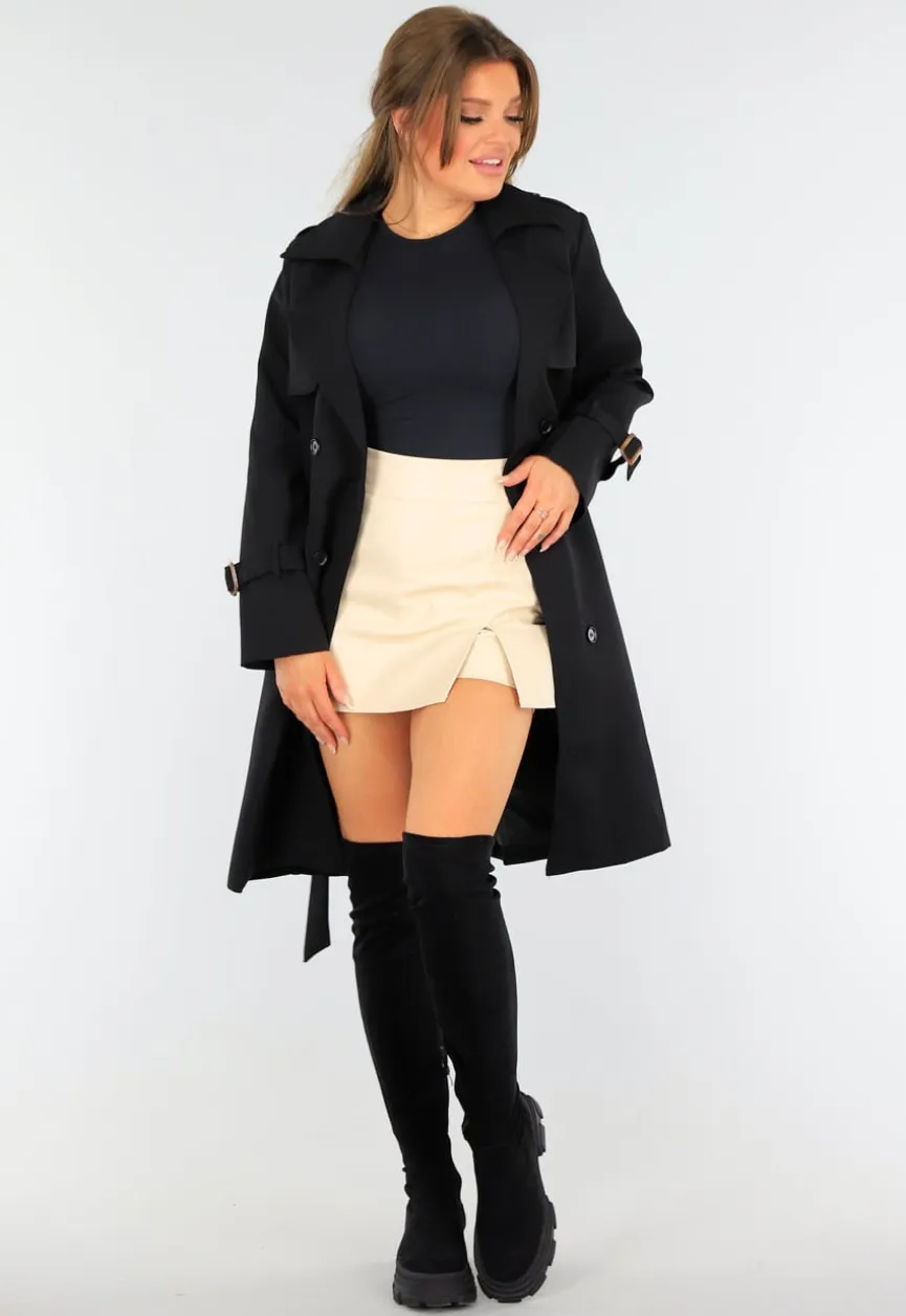 Zwarte Trenchcoat met Knoopsluiting en Gespjes