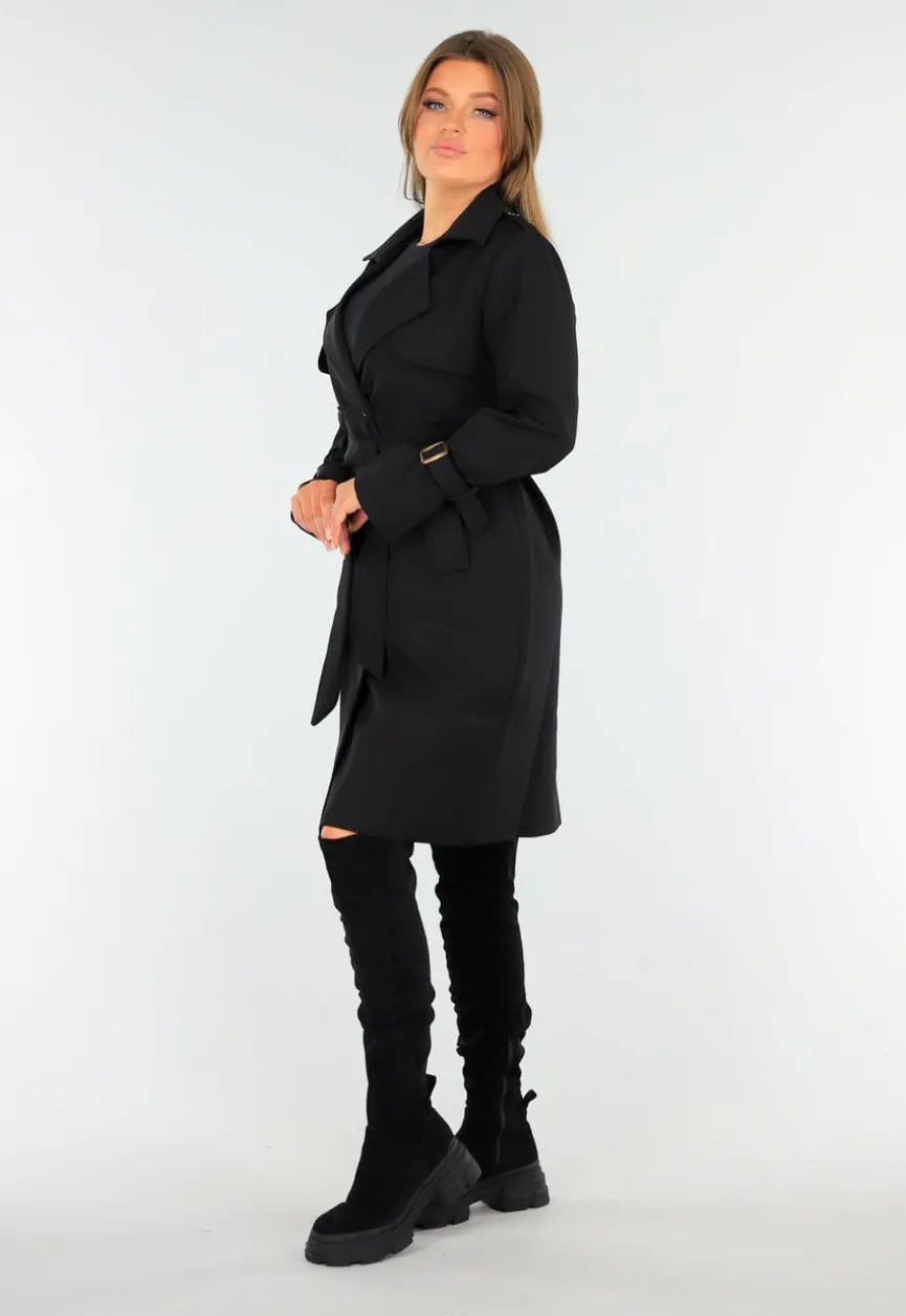 Zwarte Trenchcoat met Knoopsluiting en Gespjes