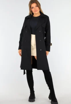 Zwarte Trenchcoat met Knoopsluiting en Gespjes