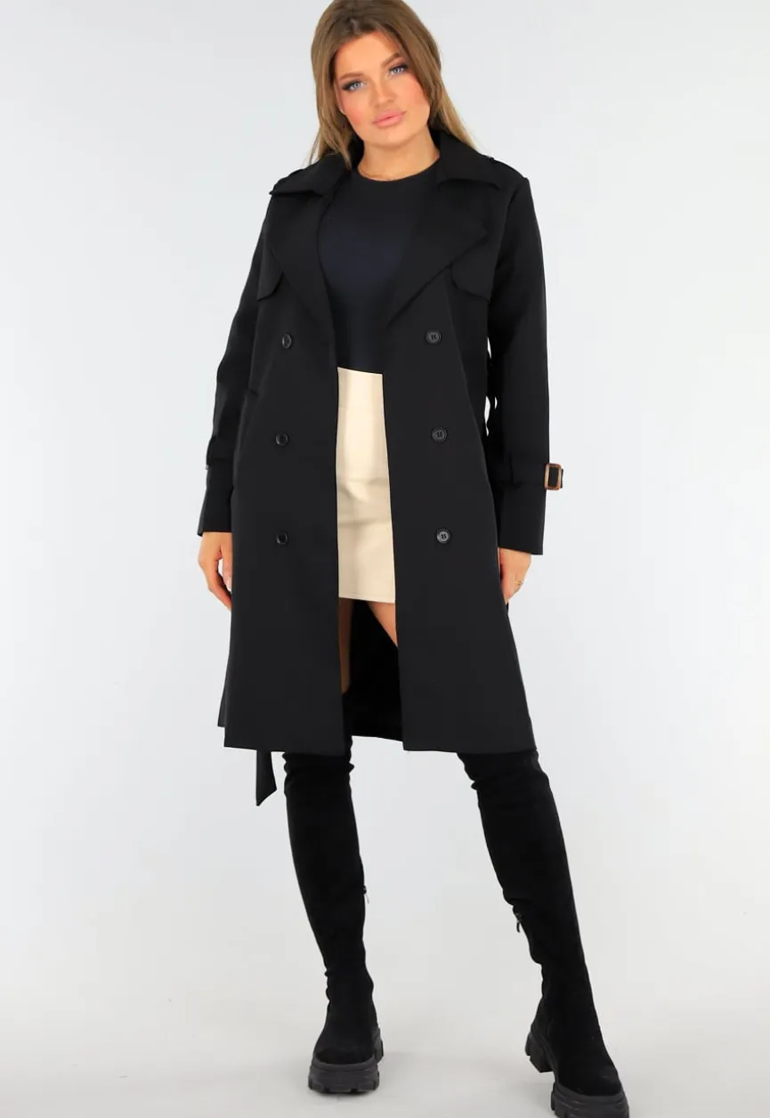Zwarte Trenchcoat met Knoopsluiting en Gespjes