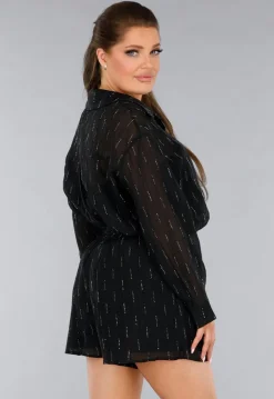 Zwarte Tweedelige Set met Doorschijnende Blouse en Elastische Short