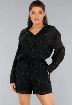 Zwarte Tweedelige Set met Doorschijnende Blouse en Elastische Short