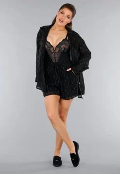 Zwarte Tweedelige Set met Doorschijnende Blouse en Elastische Short