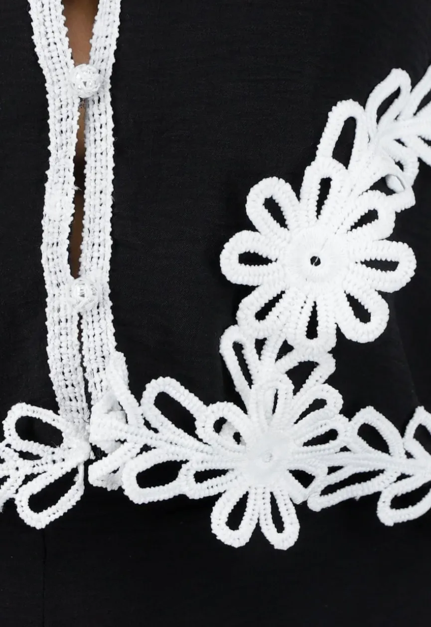 Zwarte Tweedelige Stretch Set met Witte Gehaakte Details en Elastische Tailleband