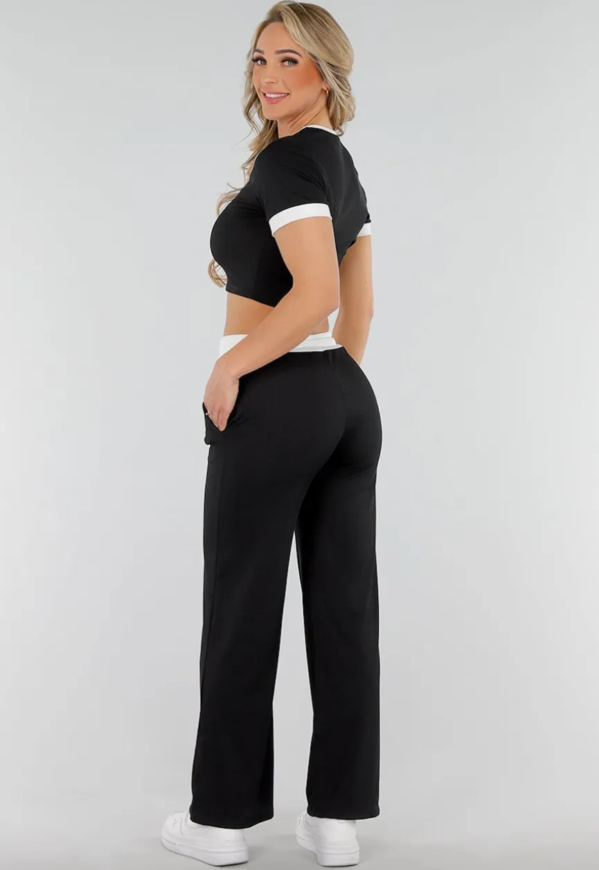 Zwarte Two Piece Set met Lange Broek en Korte Top met Colorblockingdetails