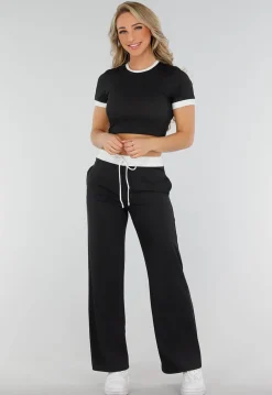 Zwarte Two Piece Set met Lange Broek en Korte Top met Colorblockingdetails