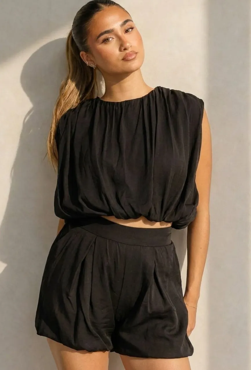 Zwarte Two Piece Set met Mouwloze Top en Ballonshort