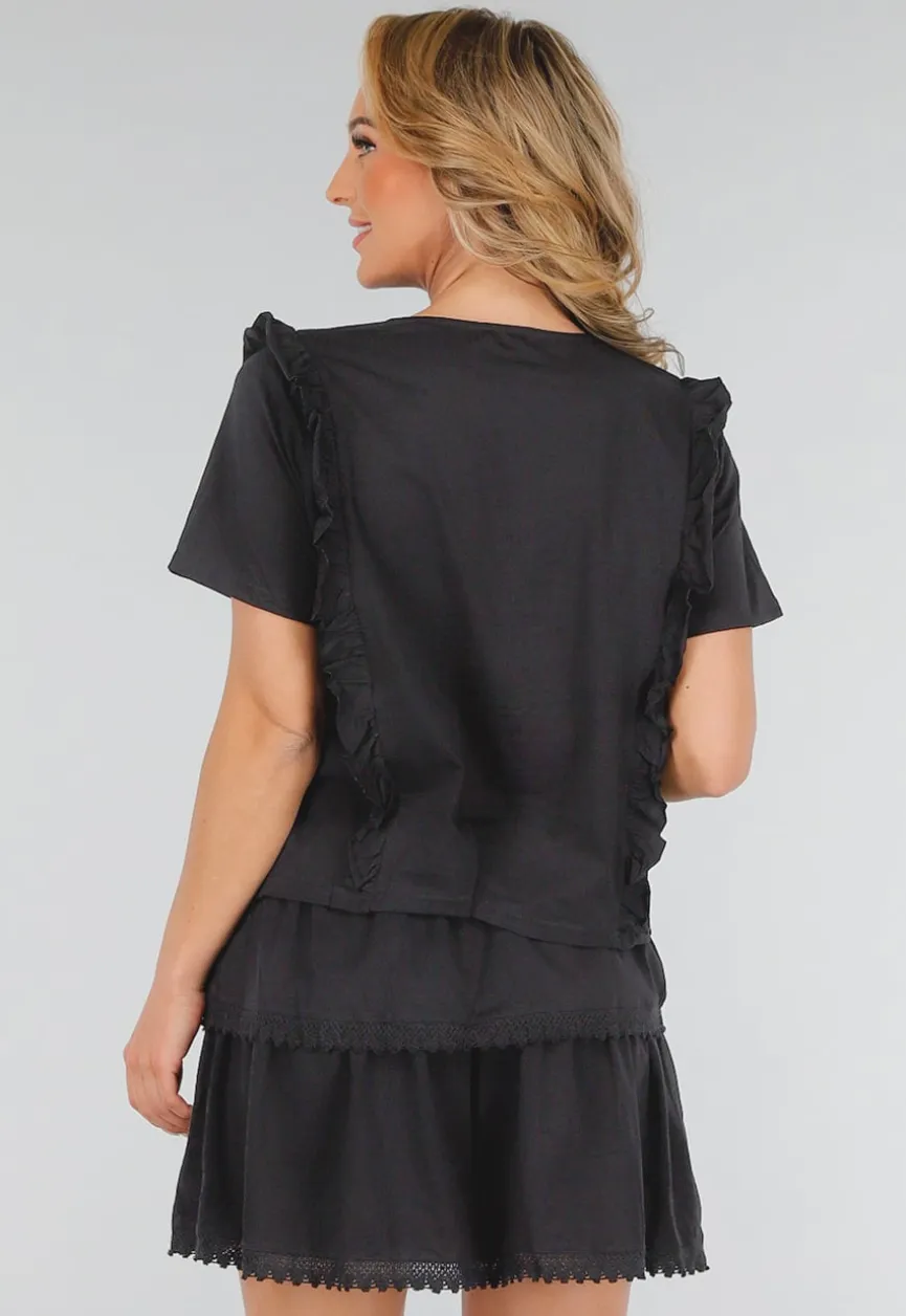 Zwarte Two Piece Set met Ruches, Korte Mouwen en Embroidery details