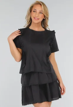 Zwarte Two Piece Set met Ruches, Korte Mouwen en Embroidery details