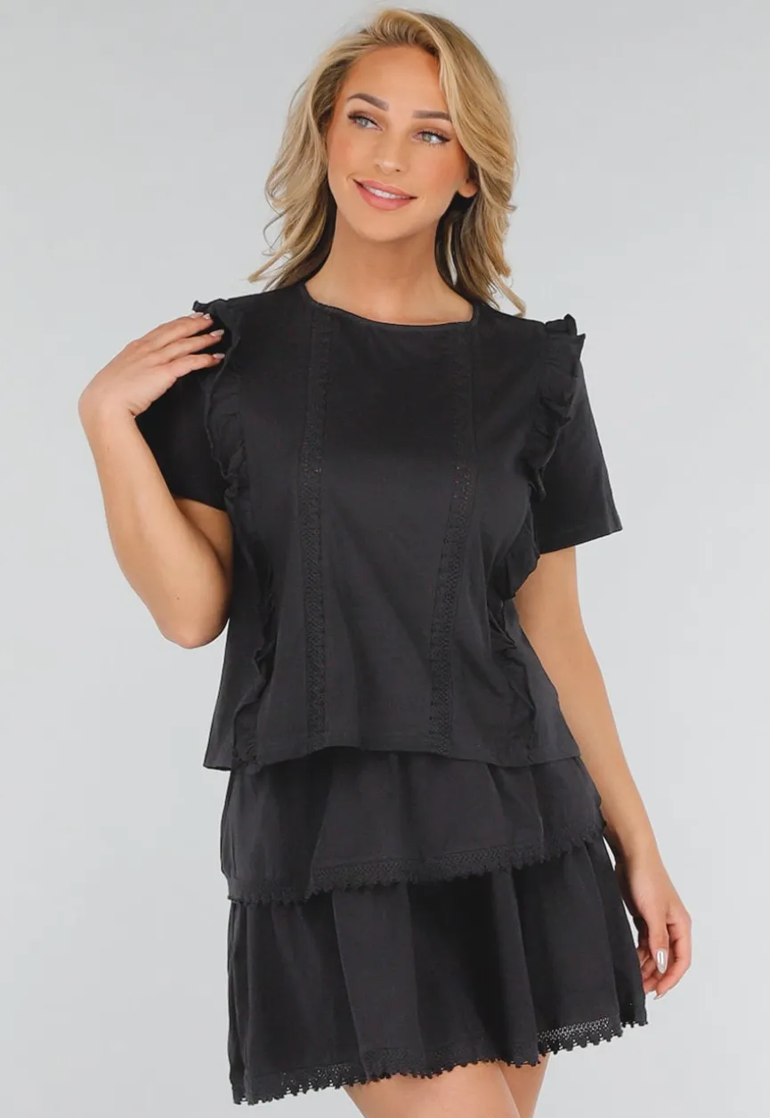 Zwarte Two Piece Set met Ruches, Korte Mouwen en Embroidery details