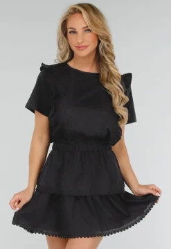 Zwarte Two Piece Set met Ruches, Korte Mouwen en Embroidery details