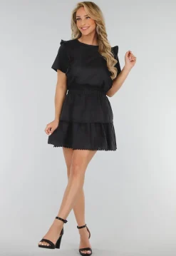 Zwarte Two Piece Set met Ruches, Korte Mouwen en Embroidery details
