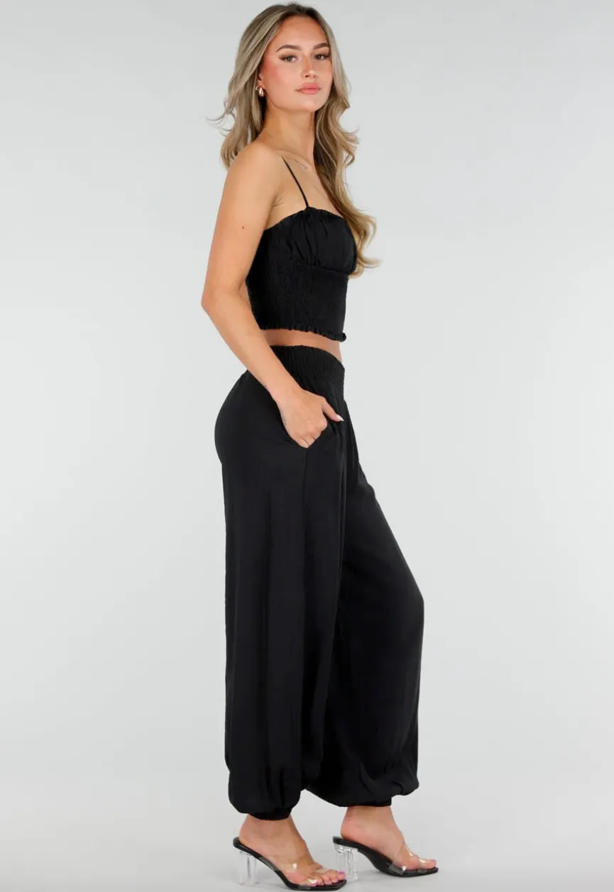 Zwarte Two Piece Set met Smock Top en Wijde Broek