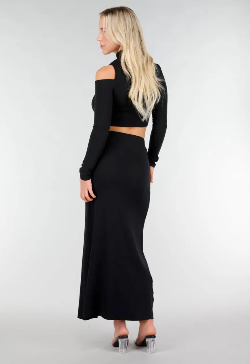 Zwarte Two Piece Set met Top met Cut Out en Maxi Rok