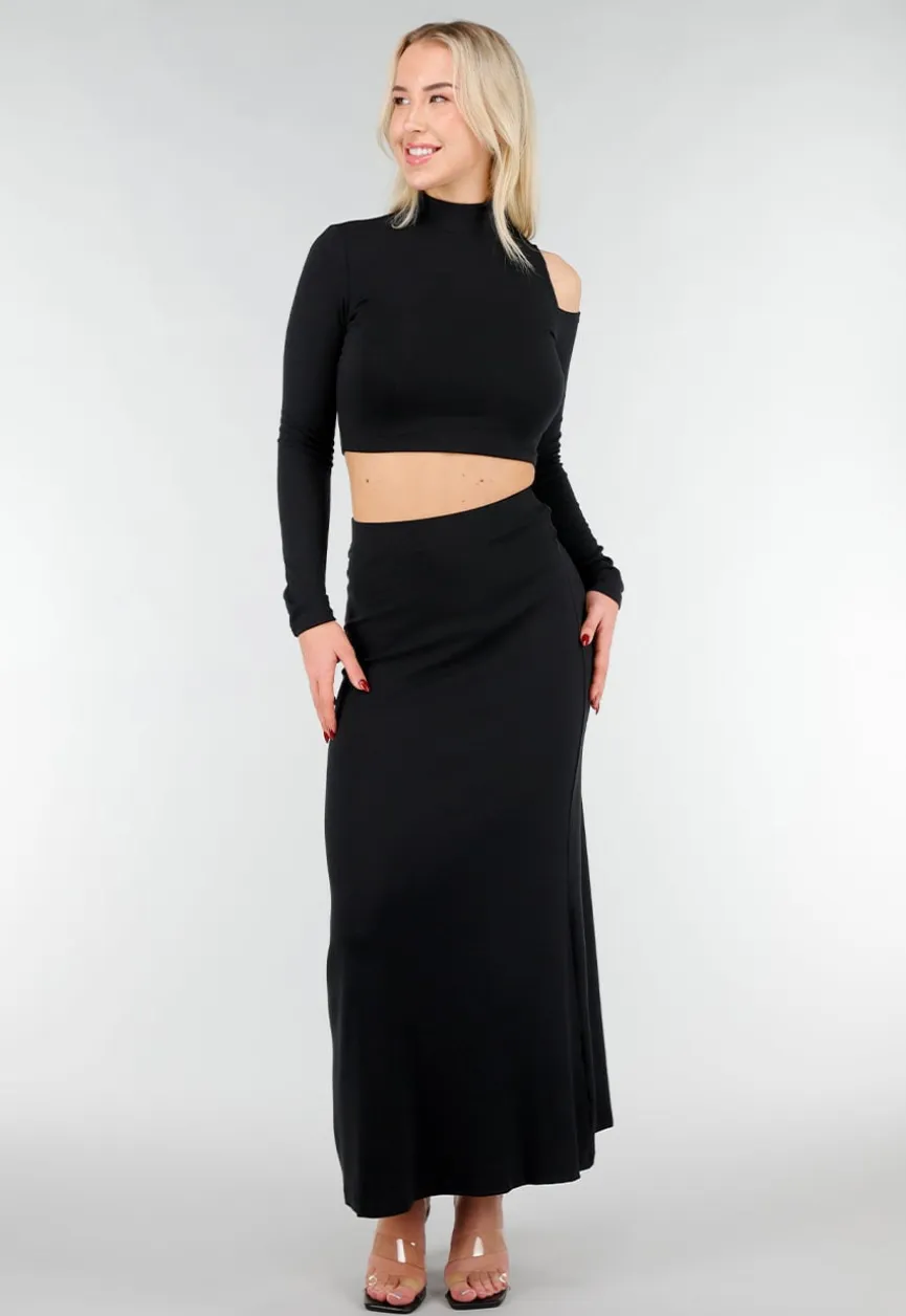Zwarte Two Piece Set met Top met Cut Out en Maxi Rok