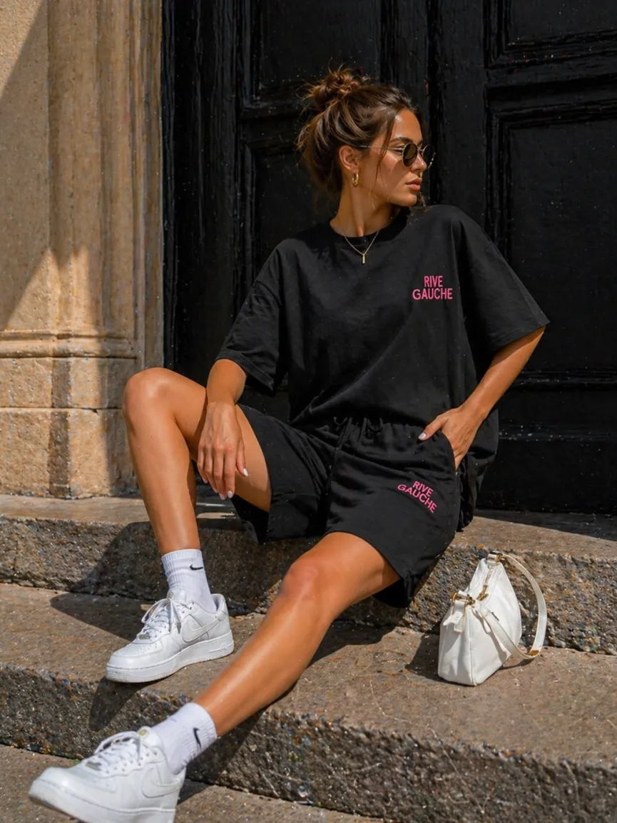 Zwarte Two Piece Set met T-Shirt en Shorts