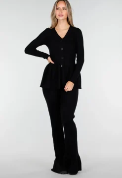 Zwarte Two-Piece Set met Uitlopende Top en Geribde Flare Broek