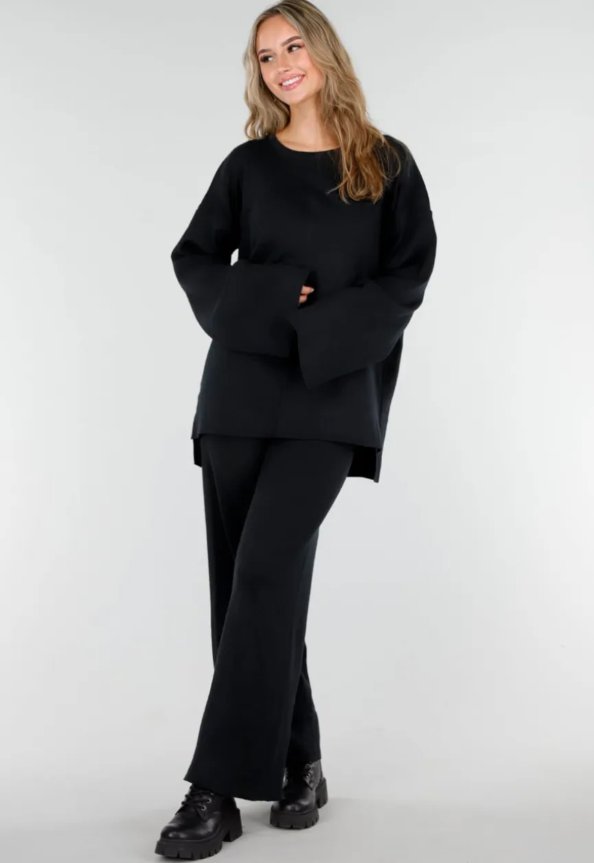 Zwarte Two Piece Set met Wijde Mouwen en Stretch