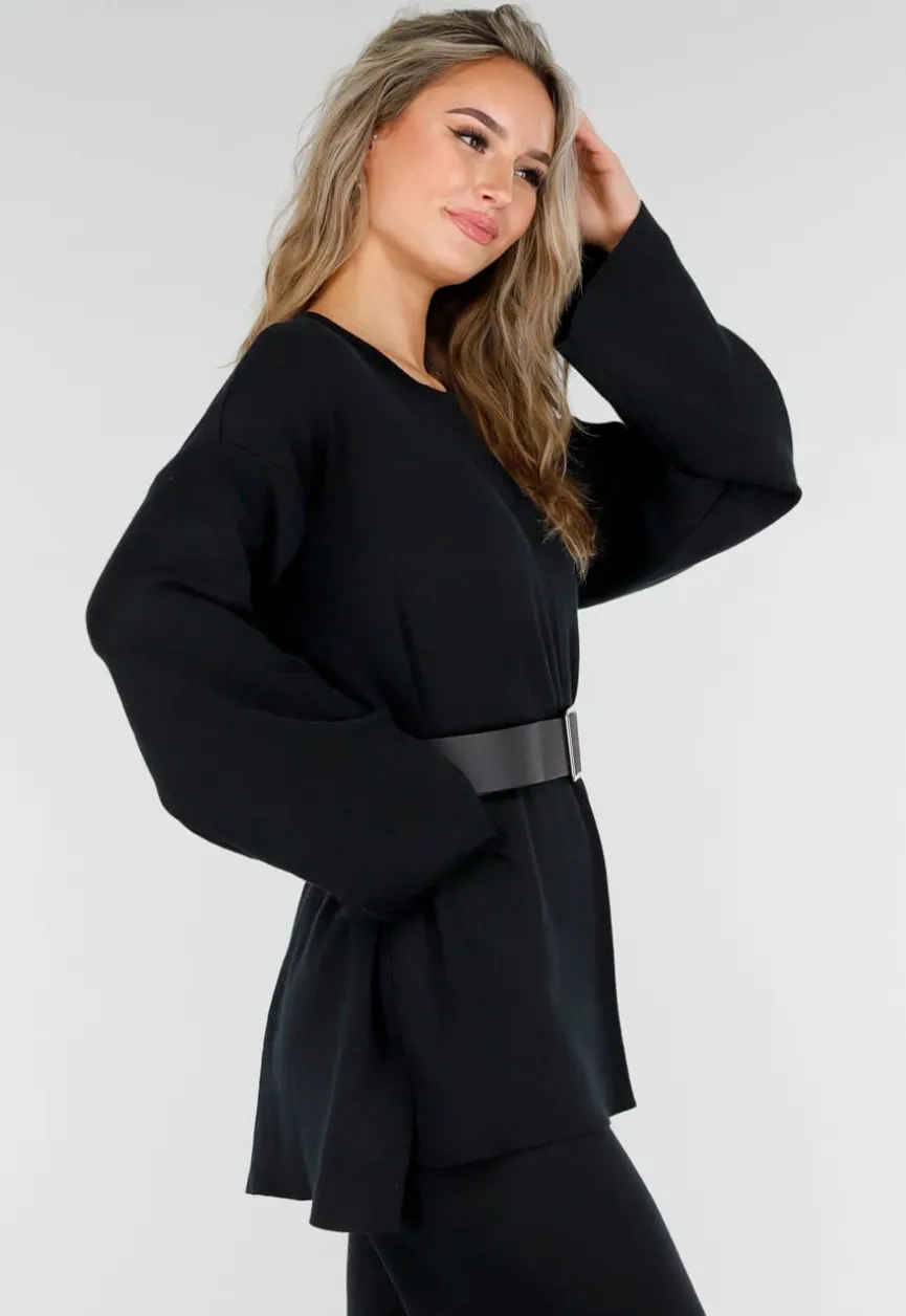 Zwarte Two Piece Set met Wijde Mouwen en Stretch