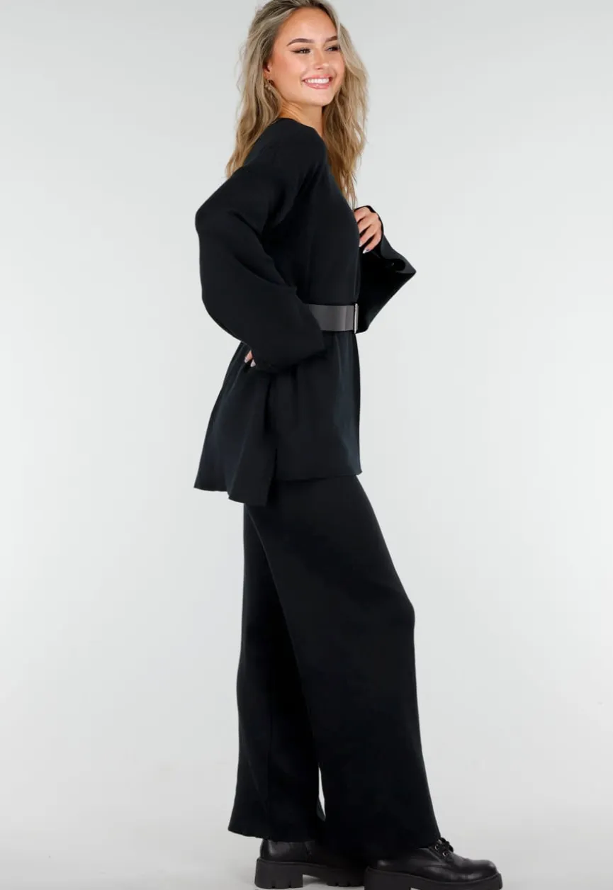 Zwarte Two Piece Set met Wijde Mouwen en Stretch