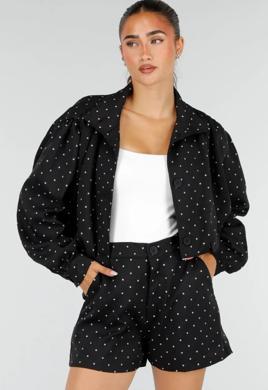 Zwarte Two Piece Set met Witte Stippen en Kraag
