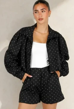 Zwarte Two Piece Set met Witte Stippen en Kraag