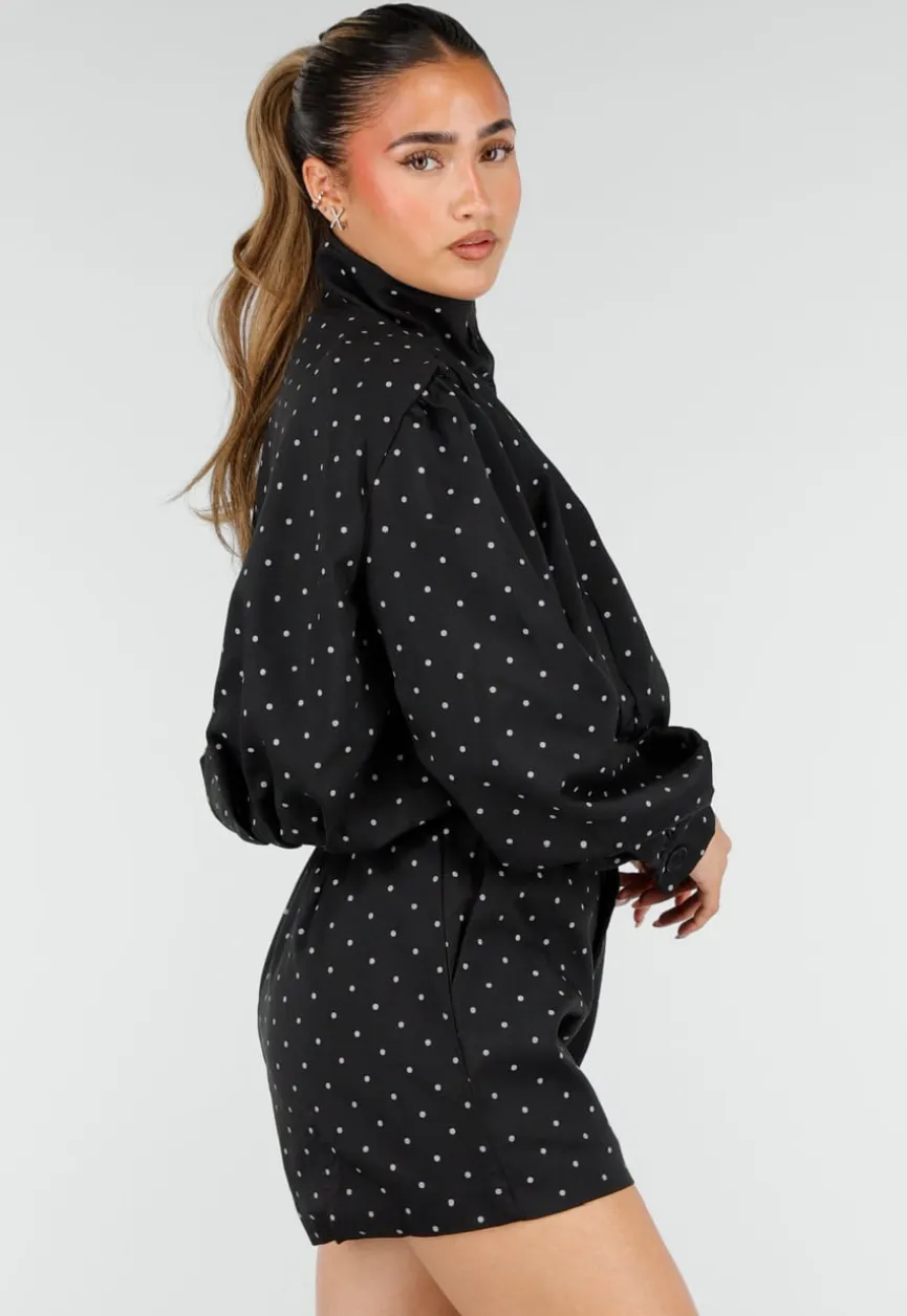 Zwarte Two Piece Set met Witte Stippen en Kraag