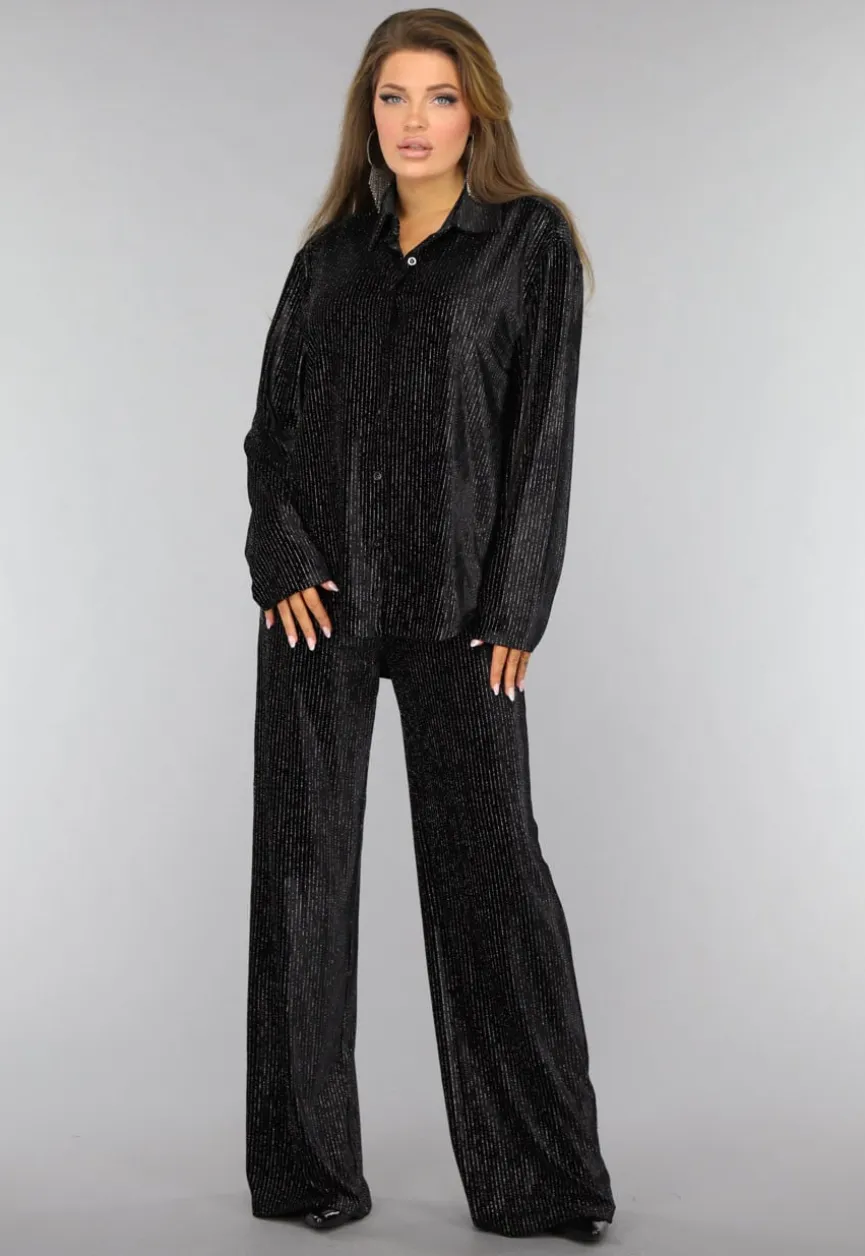 Zwarte Velvet Glitter Two Piece met Wide Leg Broek