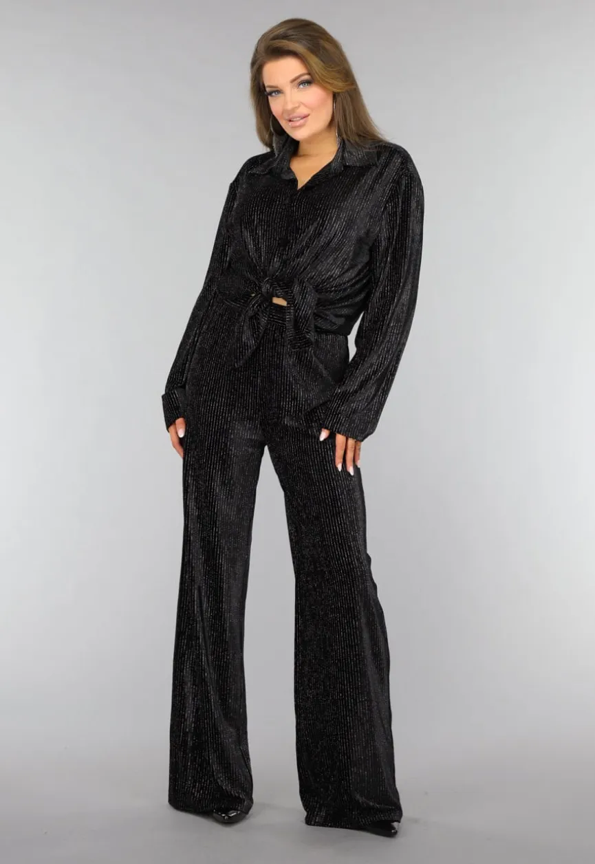 Zwarte Velvet Glitter Two Piece met Wide Leg Broek