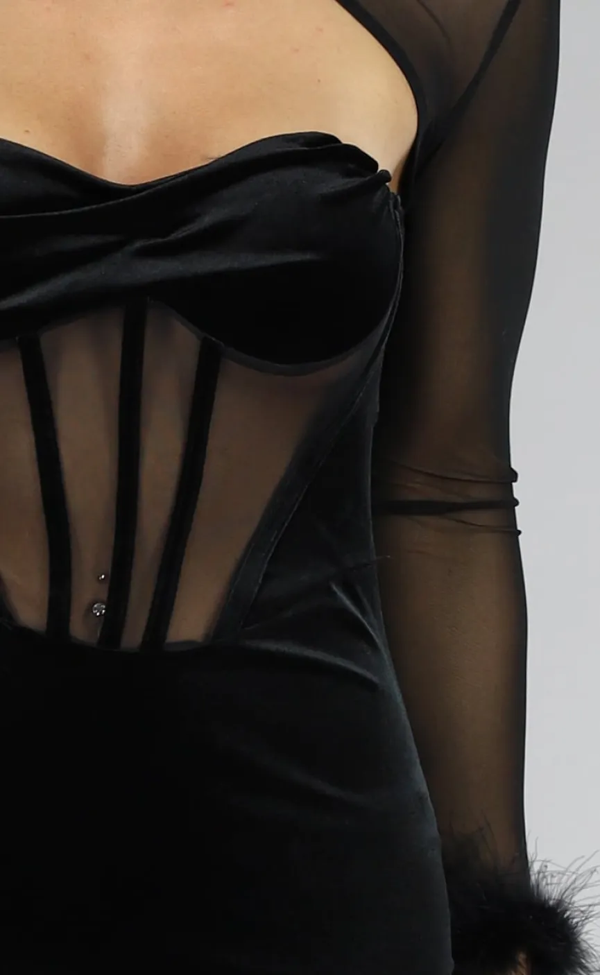 Zwarte Velvet Korset Look Jurk met Veren