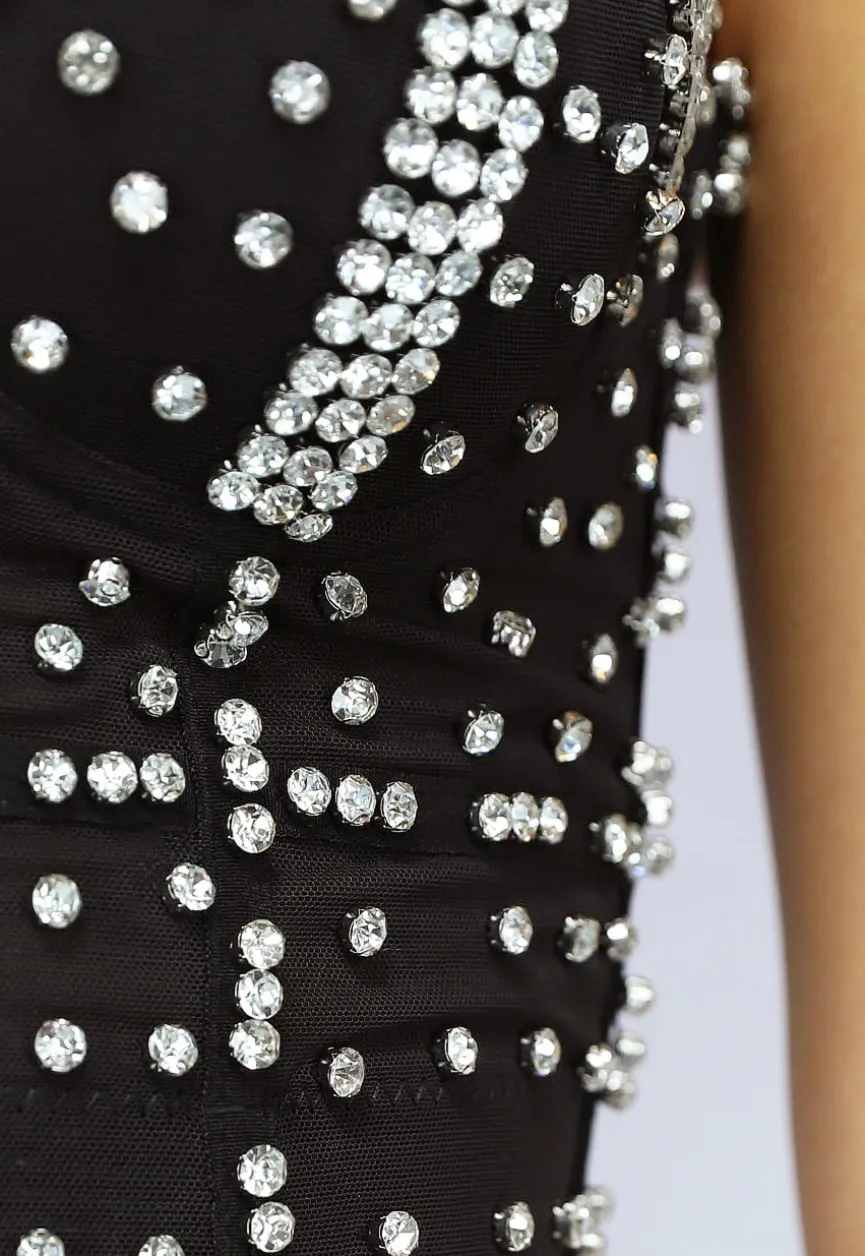 Zwarte Voorgevormde Glitter Top met Korset Look