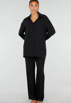 Zwarte Wide Leg Broek met Elastische Taille en Strikkoord