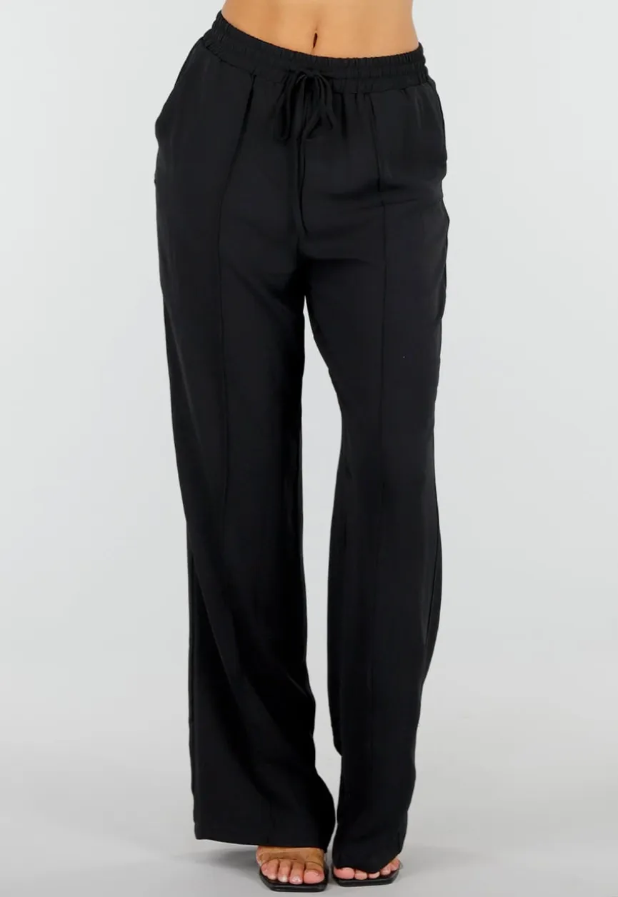 Zwarte Wide Leg Broek met Elastische Taille en Strikkoord