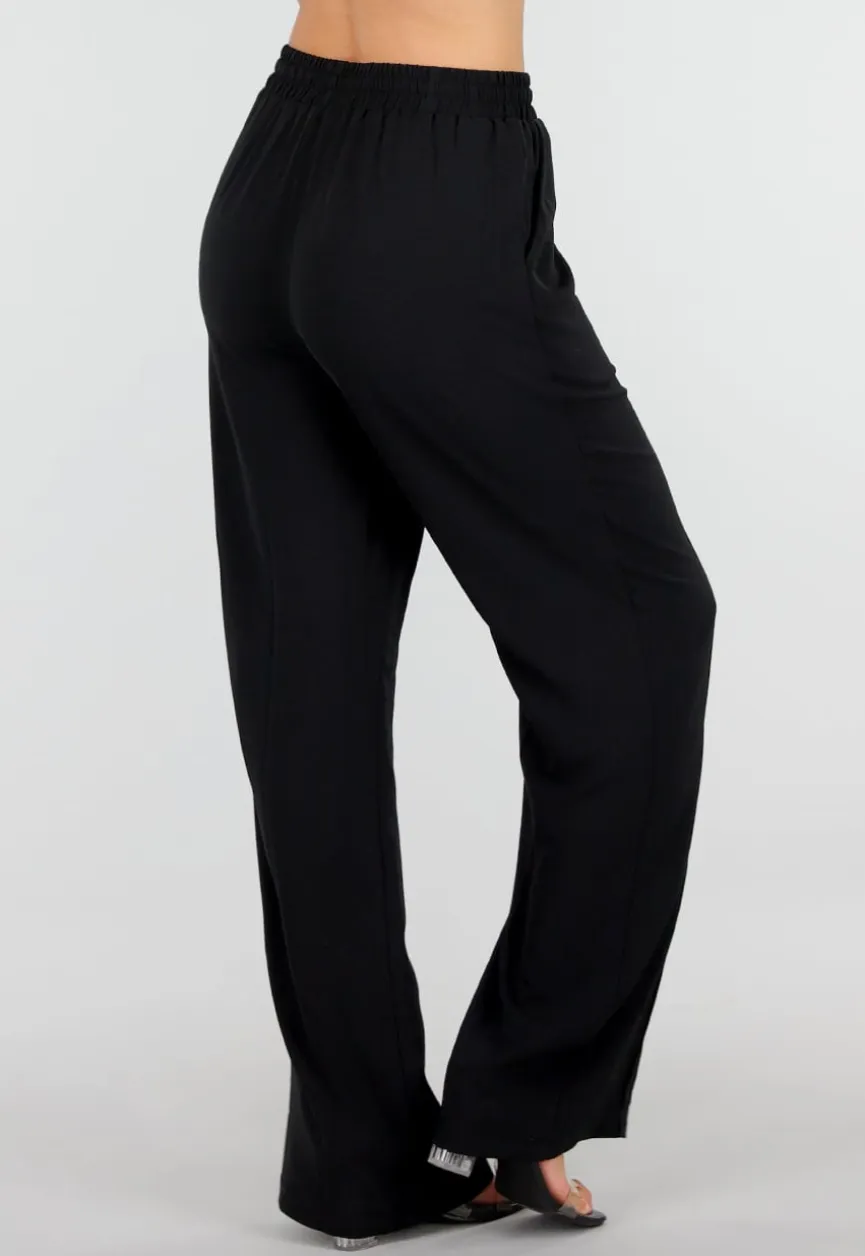 Zwarte Wide Leg Broek met Elastische Taille en Strikkoord
