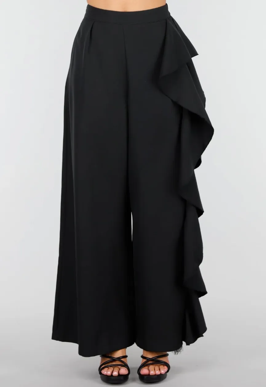 Zwarte Wide Leg Broek met Ruffle Detail en Kant Split