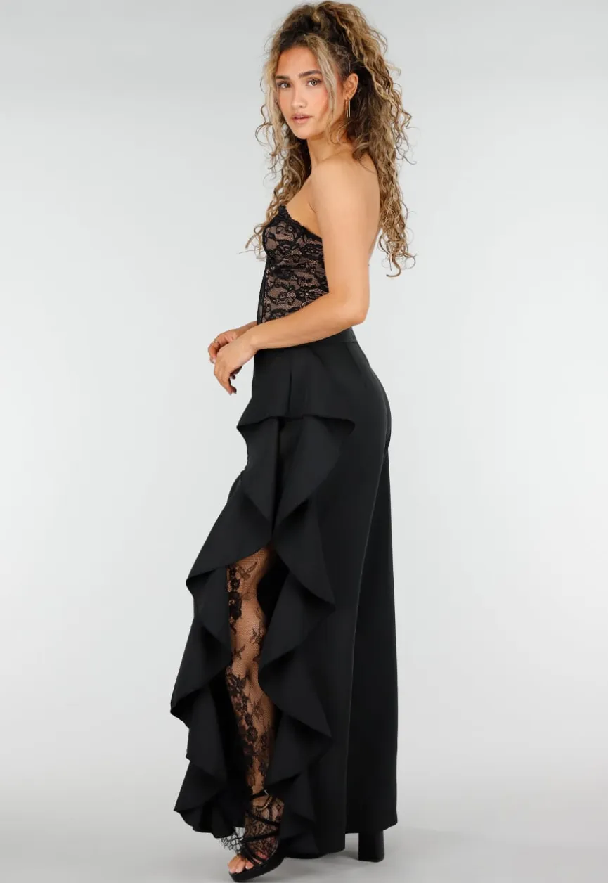 Zwarte Wide Leg Broek met Ruffle Detail en Kant Split
