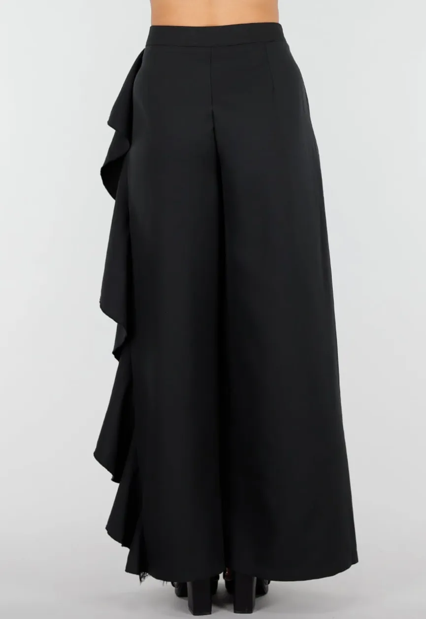 Zwarte Wide Leg Broek met Ruffle Detail en Kant Split