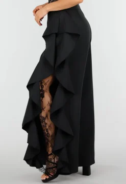 Zwarte Wide Leg Broek met Ruffle Detail en Kant Split
