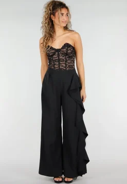 Zwarte Wide Leg Broek met Ruffle Detail en Kant Split