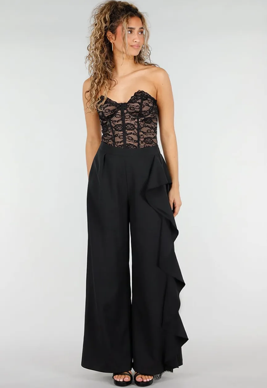 Zwarte Wide Leg Broek met Ruffle Detail en Kant Split