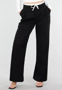 Zwarte Wide Leg Broek met Witte Tailleband en Strikdetail