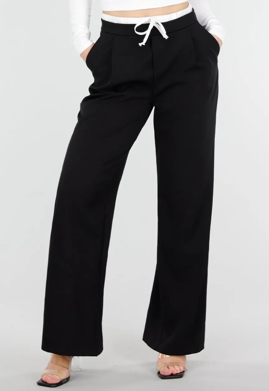 Zwarte Wide Leg Broek met Witte Tailleband en Strikdetail