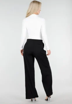 Zwarte Wide Leg Broek met Witte Tailleband en Strikdetail