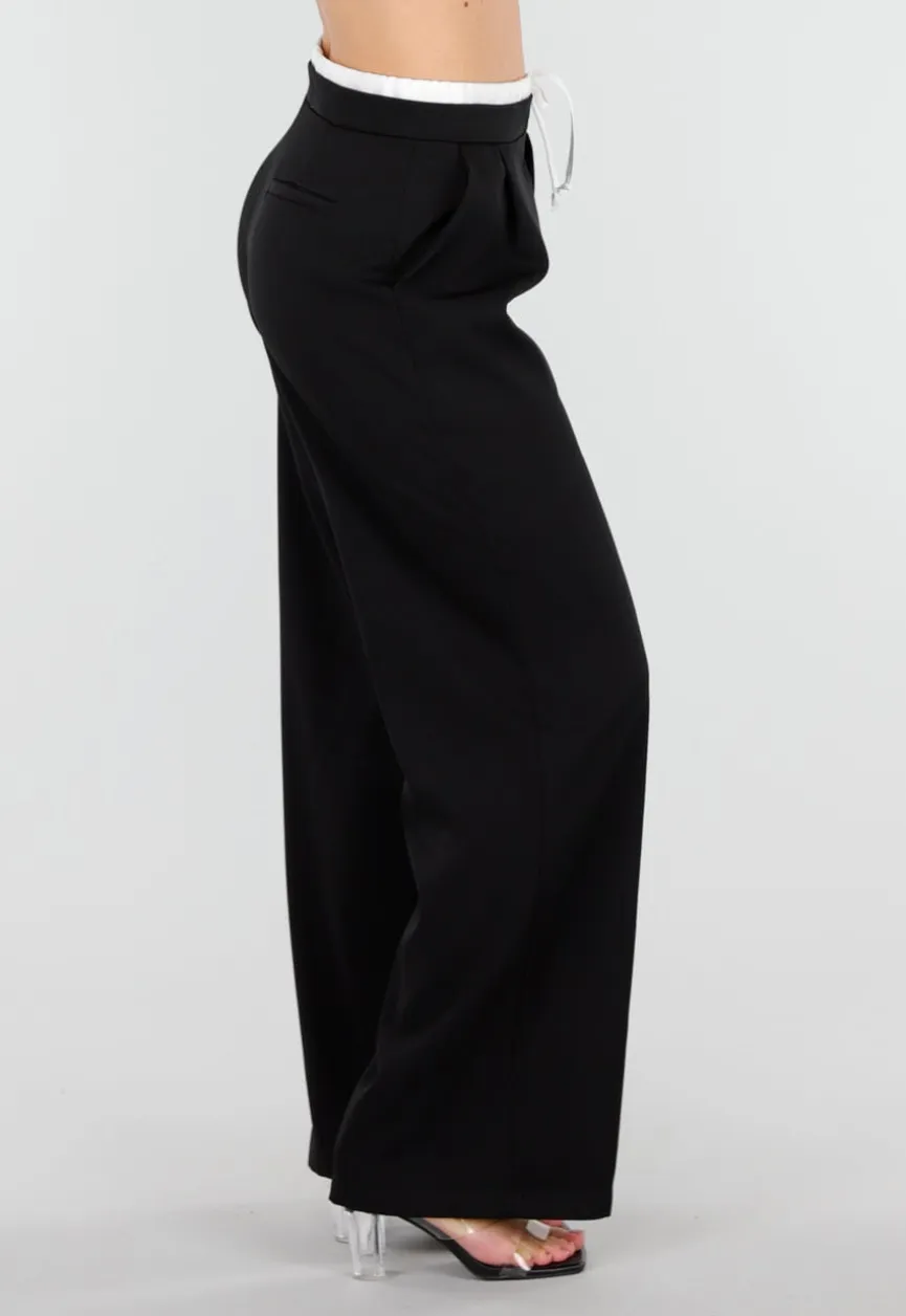 Zwarte Wide Leg Broek met Witte Tailleband en Strikdetail